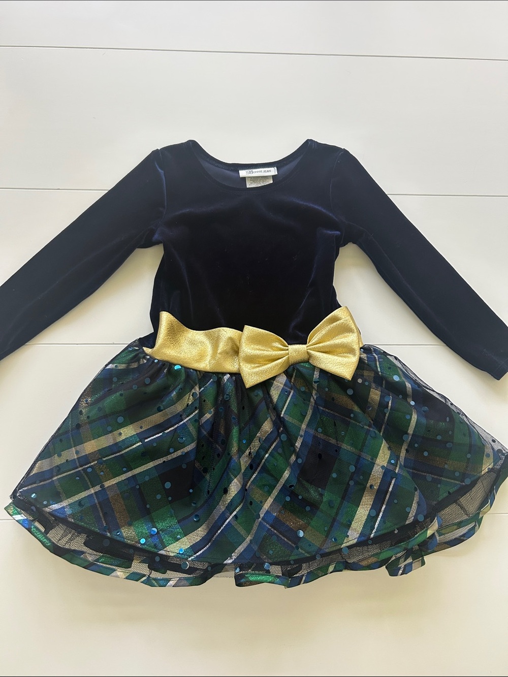 Bonnie Jean Navy Velvet and Green Plaid Dress with Gold Bow
